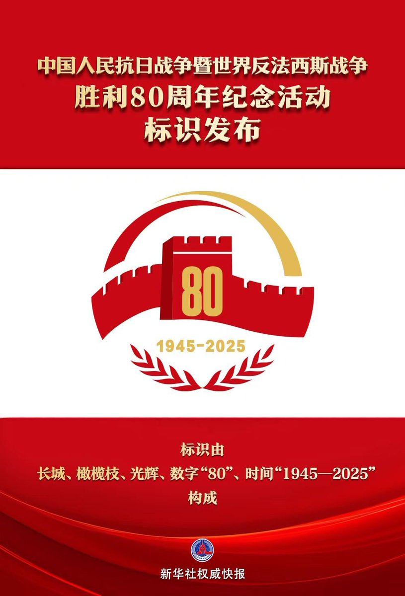 中国人民抗日战争暨世界反法西斯战争胜利80周年纪念活动标识由长城、橄榄枝、光辉、数字“80”、时间“1945-2025”构成。