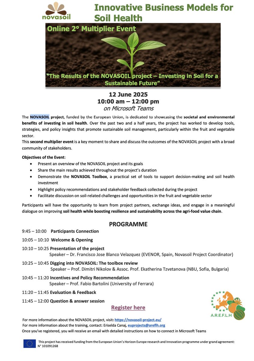 Join the 2nd NOVASOIL Online Event on 12 June!
👩‍🌾 Connect with farmers, researchers, NGOs &amp; policymakers
🧰 Discover the NOVASOIL Toolbox
📊 Explore key results &amp; policy insights

📍 Online | 🎟️ Free registration: docs.google.com/forms/d/e/1FAI…
#SoilHealth #NOVASOIL #AgriFood