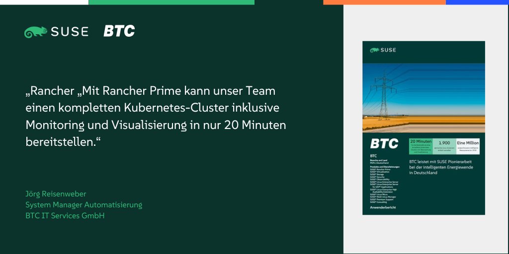 📣 Die BTC - Business Technology Consulting AG leistet zusammen mit #SUSE Pionierarbeit für die Energiewende in Deutschland – mit einer skalierbaren, sicheren und automatisierten Smart-Metering-Plattform.

🔗 Erfahren Sie mehr: okt.to/WlM1T8
