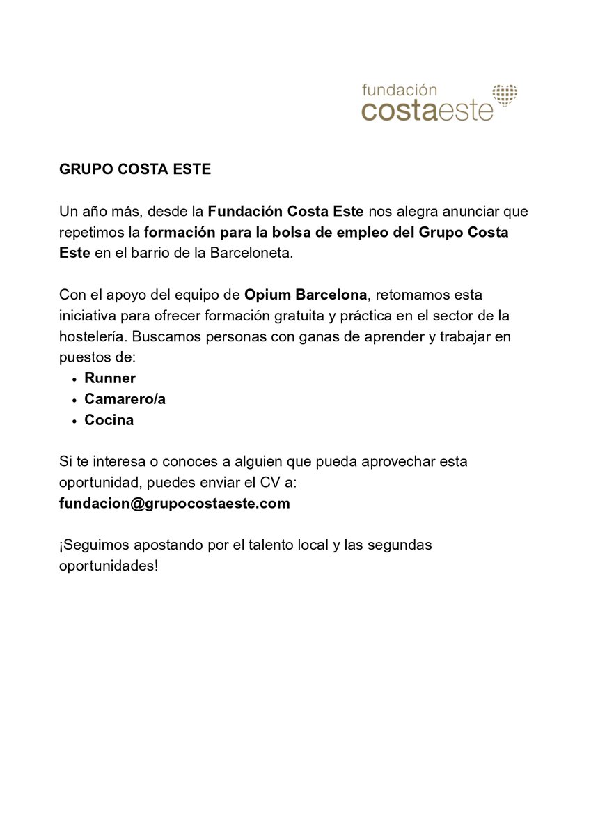 aavvbarceloneta's tweet image. Estimat veïnat:
Us compartim aquest comunicat per si és del vostre interès.

#OpiumBarcelona #FundacionCostaEste #Runner #Camarero #Camarera #Cocina #Empleos