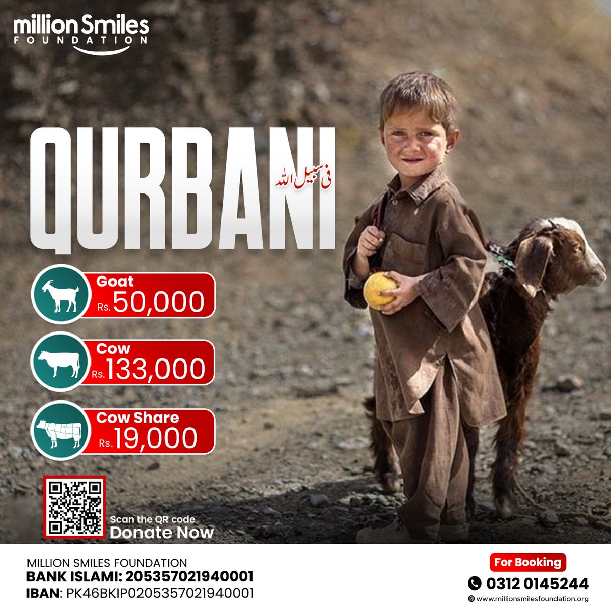 zainabpk_'s tweet image. Become a Reason of someone&apos;s simle.
This Eid - ul- Adha, Million Smiles Foundation will carry out YOUR QURBANI for the needy or deserve families, ensuring they are not left behind and can celebrate Eid with SMILE.

 #SmilesforHumanity @MSfoundationPK