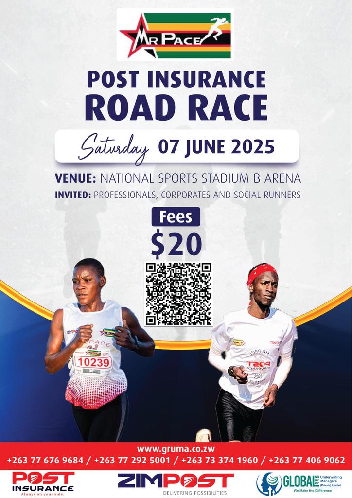 🏃‍♂️✨ Join us on 7 June 2025 for the Post Insurance- Mr. Pace Road Race! Whether you’re a seasoned runner or just starting out, let’s embrace healthy living and the joy of physical exercise together! 🌟

#PostInsuranceRoadRace2025.
#Zimpost@135Years.
#DeliveringPossibilities.