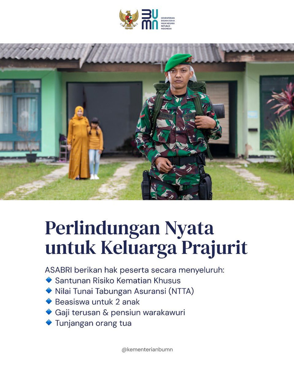 bumn_idn's tweet photo. Karena perjuangan mereka adalah kehormatan bangsa, dan keluarganya adalah tanggung jawab kita semua.
🇮🇩 ASABRI — Sahabat Perjuangan Sepanjang Masa.
#BUMNUntukIndonesia #ASABRI #PelindungPrajurit https://t.co/QyprsctyHu