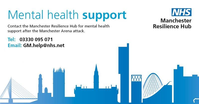 Manchester City Council (@mancitycouncil) on Twitter photo We recognise that it's a difficult time for anyone who may be affected by the 2017 Manchester Arena attack.
If you need support, please contact the Greater Manchester Resilience Hub on 03330 095 071 or GM.help@nhs.net We recognise that it's a difficult time for anyone who may be affected by the 2017 Manchester Arena attack.
If you need support, please contact the Greater Manchester Resilience Hub on 03330 095 071 or GM.help@nhs.net