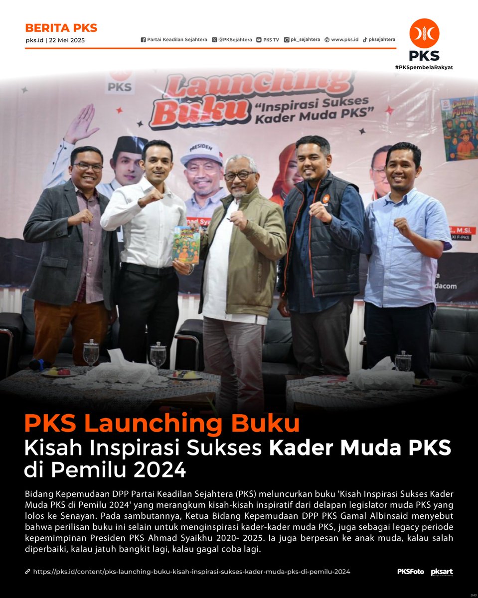 PKS Launching Buku Kisah Inspirasi Sukses Kader Muda PKS di Pemilu 2024

"Di detik-detik akhir periode kali ini, Alhamdulillah kita akan merilis sebuah buku sebagai legacy yang sudah dihasilkan oleh Presiden PKS dalam periode kali ini," ~<a href="/Gamal_Albinsaid/">dr. Gamal</a>

pks.id/content/pks-la…
