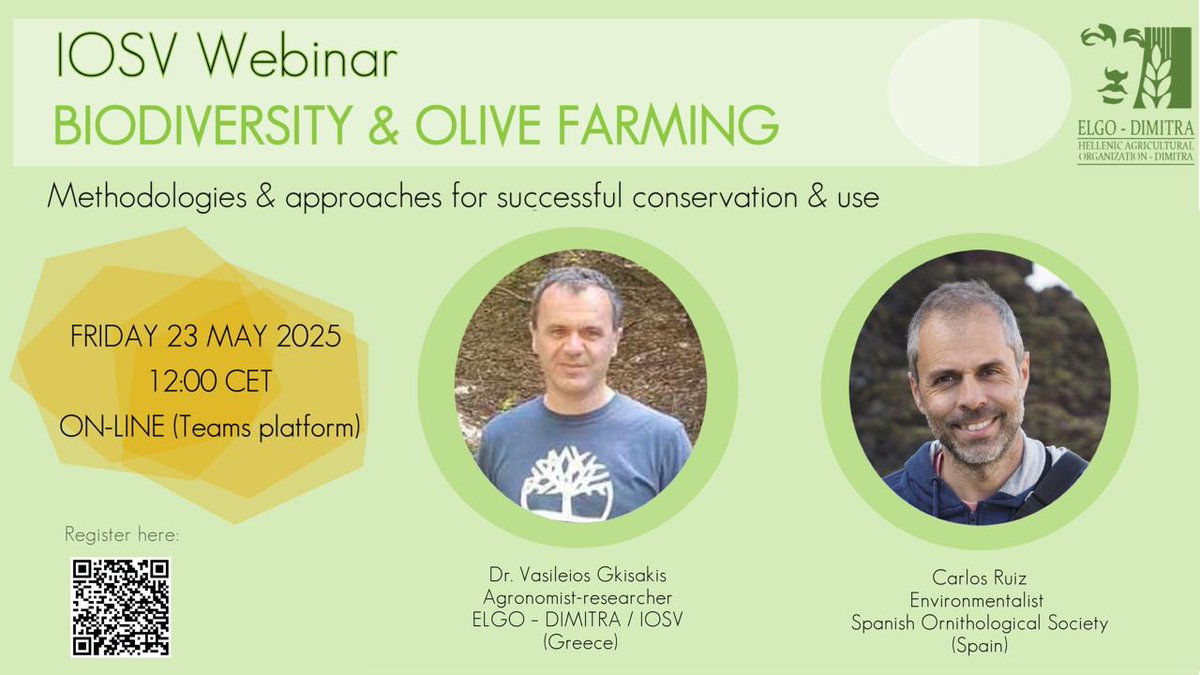 Hoy, comienza este interesante #webinar sobre el cultivo del #olivo y la biodiversidad 🫒 Pero, si hablar griego no es tu punto fuerte, mañana a las 12:00h se hará una nueva sesión en inglés donde, además, participará nuestro coordinador Carlos Ruiz✨

📝Inscríbete en el QR!