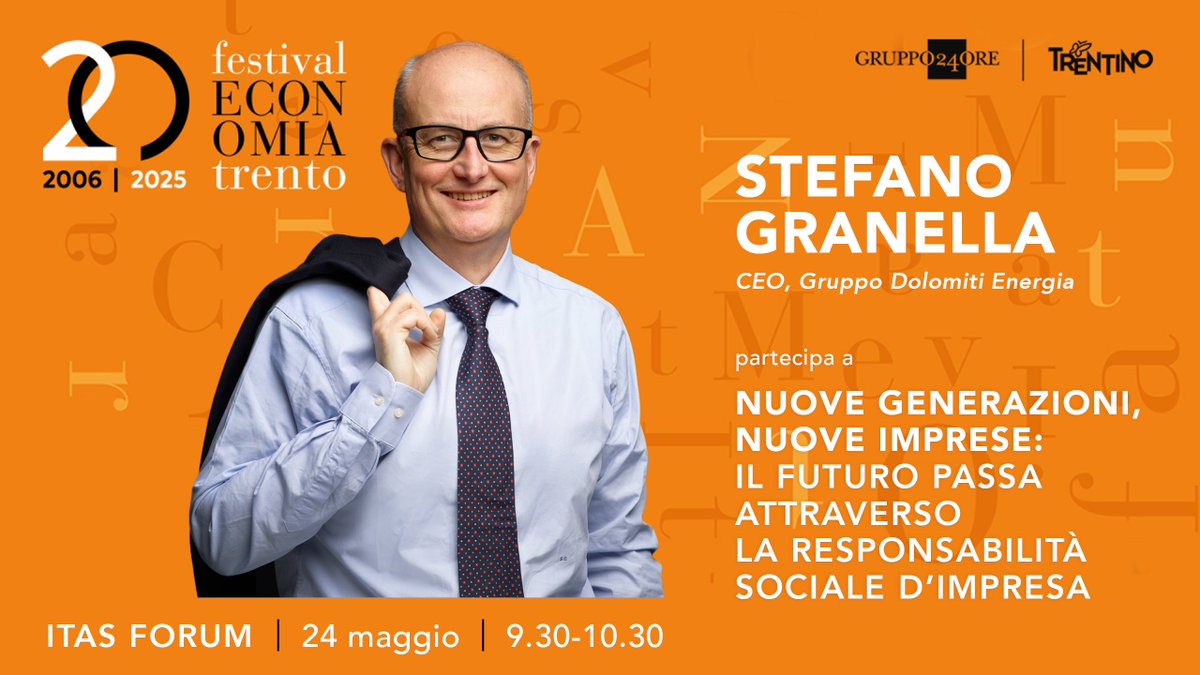 Gruppo Dolomiti Energia (@dolomitienergia) on Twitter photo Anche quest’anno siamo Partner del <a href="/economicsfest/">Festival Economia Trento</a>!
Il 24/5 alle 9:30 il nostro CEO <a href="/StefanoGranella/">Stefano Granella</a> parlerà di #responsabilitàsociale come leva per un futuro equo e sostenibile.
📍ITAS Forum, Trento
#FestivalEconomiaTrento #EuropaAlBivio Anche quest’anno siamo Partner del <a href="/economicsfest/">Festival Economia Trento</a>!
Il 24/5 alle 9:30 il nostro CEO <a href="/StefanoGranella/">Stefano Granella</a> parlerà di #responsabilitàsociale come leva per un futuro equo e sostenibile.
📍ITAS Forum, Trento
#FestivalEconomiaTrento #EuropaAlBivio