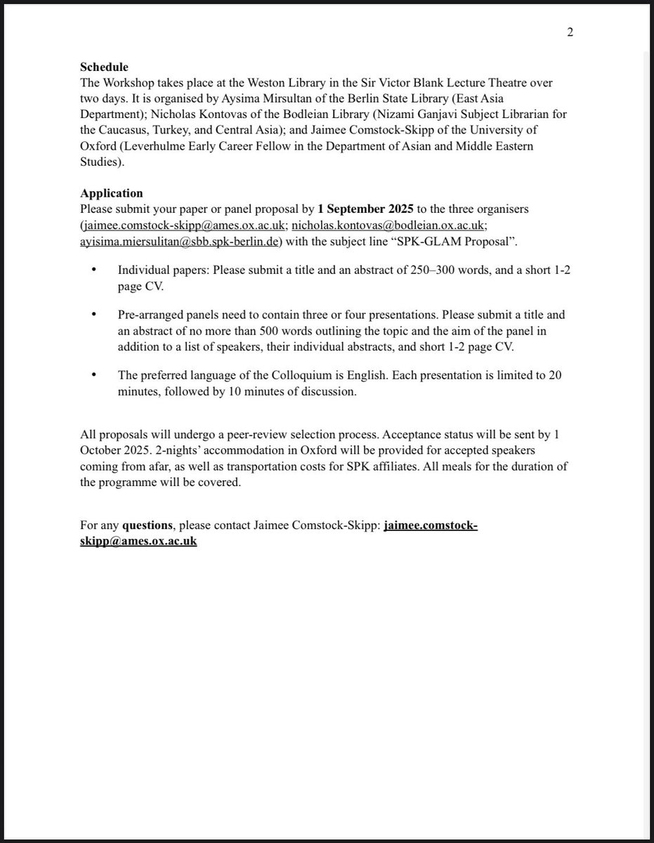 A. Mirsultan (@aysimamirsultan) on Twitter photo Call for Papers ‼️ GLAM & SPK Workshop “Peregrinations of Plenipotentiaries, Pilgrims, Peddlers, Pedagogues, Poets, and Painters …”, University of Oxford, 16-17 April 2026 <a href="/kulturSPK/">Stiftung Preußischer Kulturbesitz</a> <a href="/stabiberlin/">Staatsbibliothek zu Berlin</a> <a href="/bodleianlibs/">Bodleian Libraries</a> <a href="/UniofOxford/">University of Oxford</a> #CentralAsia #Ottoman #Chaghatay #persian Call for Papers ‼️ GLAM & SPK Workshop “Peregrinations of Plenipotentiaries, Pilgrims, Peddlers, Pedagogues, Poets, and Painters …”, University of Oxford, 16-17 April 2026 <a href="/kulturSPK/">Stiftung Preußischer Kulturbesitz</a> <a href="/stabiberlin/">Staatsbibliothek zu Berlin</a> <a href="/bodleianlibs/">Bodleian Libraries</a> <a href="/UniofOxford/">University of Oxford</a> #CentralAsia #Ottoman #Chaghatay #persian