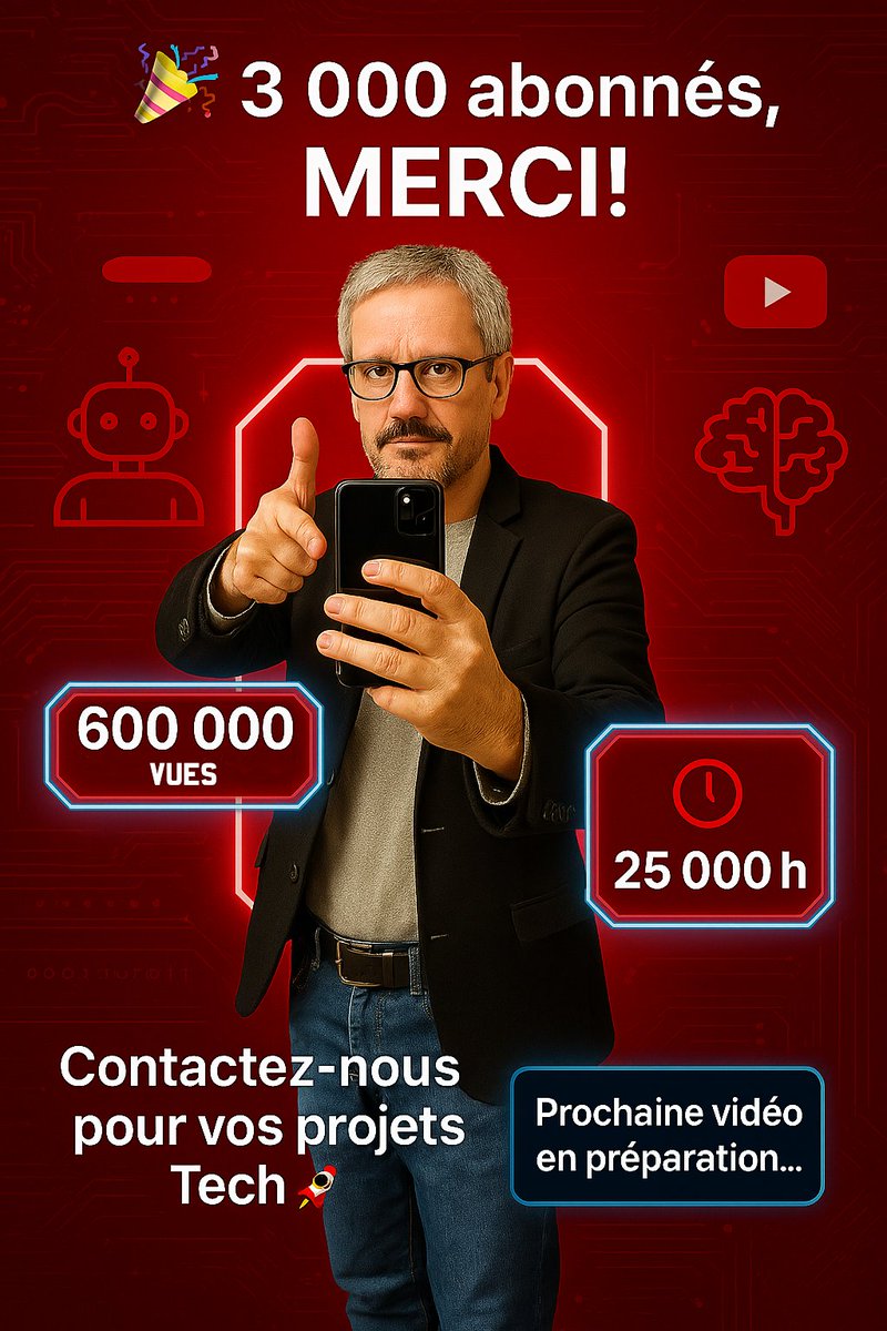 🚀 3 000 abonnés sur ma chaîne YouTube dédié #IA #Robotique #NouvellesTechnologies !
🔹 600 000 vues cumulées
🔹 25 000h de visionnage
🔹 50 000 vues/mois
🤖 Tech, IA, robotique…
🔎 Marque ou projet à valoriser ? Tests, interviews, sponsorings ➡️ MP !
