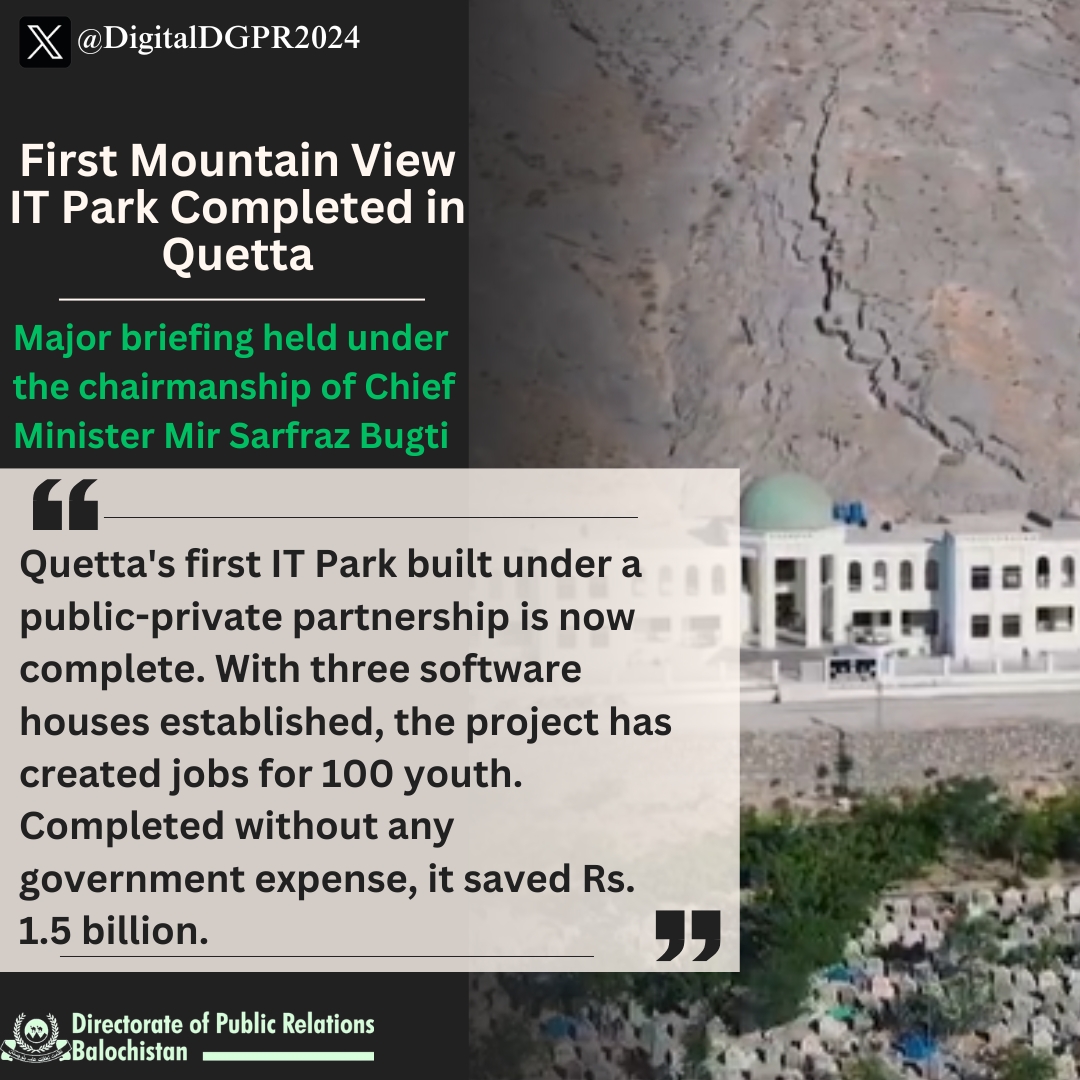 DigitalDGPR2024's tweet image. Quetta's first IT Park built under a public-private partnership is now complete. With three software houses established, the project has created jobs for 100 youth.
#ITParkQuetta #Technologicaldevelopment #Development