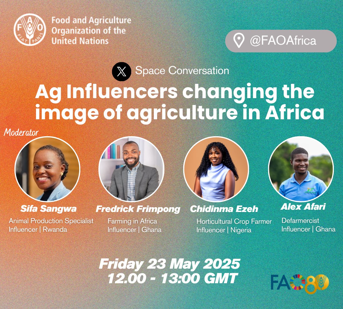 Janetta Carlucci (@carluccijanetta) on Twitter photo What happens when we combine the passion of youth in agrifood systems and the power of social media? Let's find out!
🗓️23 May 2025
12:00 - 13:00 GMT
<a href="/FAOAfrica/">FAO in Africa</a>
Register 📷 bit.ly/3F9m9cQ
<a href="/farm_cas/">FarmCAS</a> <a href="/fia_africa/">Farming In Africa</a> <a href="/DefarmerAlex/">Defarmercist Alex Afari 🇬🇭</a> <a href="/SangwaSifa/">Sangwa Sifa Florence</a> <a href="/CVulley/">Caesar Vulley</a> What happens when we combine the passion of youth in agrifood systems and the power of social media? Let's find out!
🗓️23 May 2025
12:00 - 13:00 GMT
<a href="/FAOAfrica/">FAO in Africa</a>
Register 📷 bit.ly/3F9m9cQ
<a href="/farm_cas/">FarmCAS</a> <a href="/fia_africa/">Farming In Africa</a> <a href="/DefarmerAlex/">Defarmercist Alex Afari 🇬🇭</a> <a href="/SangwaSifa/">Sangwa Sifa Florence</a> <a href="/CVulley/">Caesar Vulley</a>