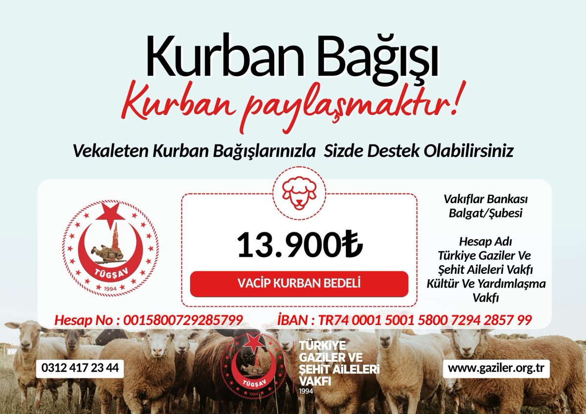 GazilerVakfi's tweet photo. Kurban, bir kardeşlik çağrısıdır.
Vakfımıza ve kahraman gazilerimize kurban bağışı ile destek olabilirsiniz. 

https://t.co/ydqhjf734r https://t.co/Jz3FhAuhAZ