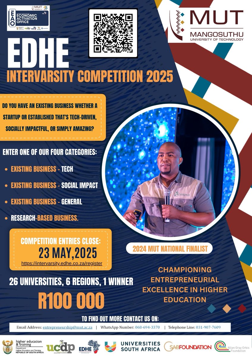 MUT_Alumni (@mut_alumni) on Twitter photo Alumni Entrepreneurs, this is your chance to take your business to the next level.
Donโt miss out on this opportunityโentries for the competition close on 23 May 2025 <a href="/MUTCampus/">Mangosuthu University of Technology (MUT)</a> Alumni Entrepreneurs, this is your chance to take your business to the next level.
Donโt miss out on this opportunityโentries for the competition close on 23 May 2025 <a href="/MUTCampus/">Mangosuthu University of Technology (MUT)</a>
