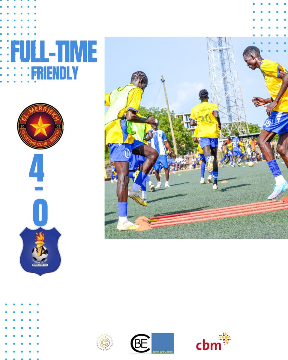 AlHuriya's tweet photo. FULL-TIME
| #ELM 4 : 0 #AHJ
Full time score: @official_elmerriekhscbentiu 4 : 0 Al Huriya FC Juba
#southsudanfootball
#SecondDivision
#preseason2025
#longlivehuriya
#Flames https://t.co/b1bqmfnUxI