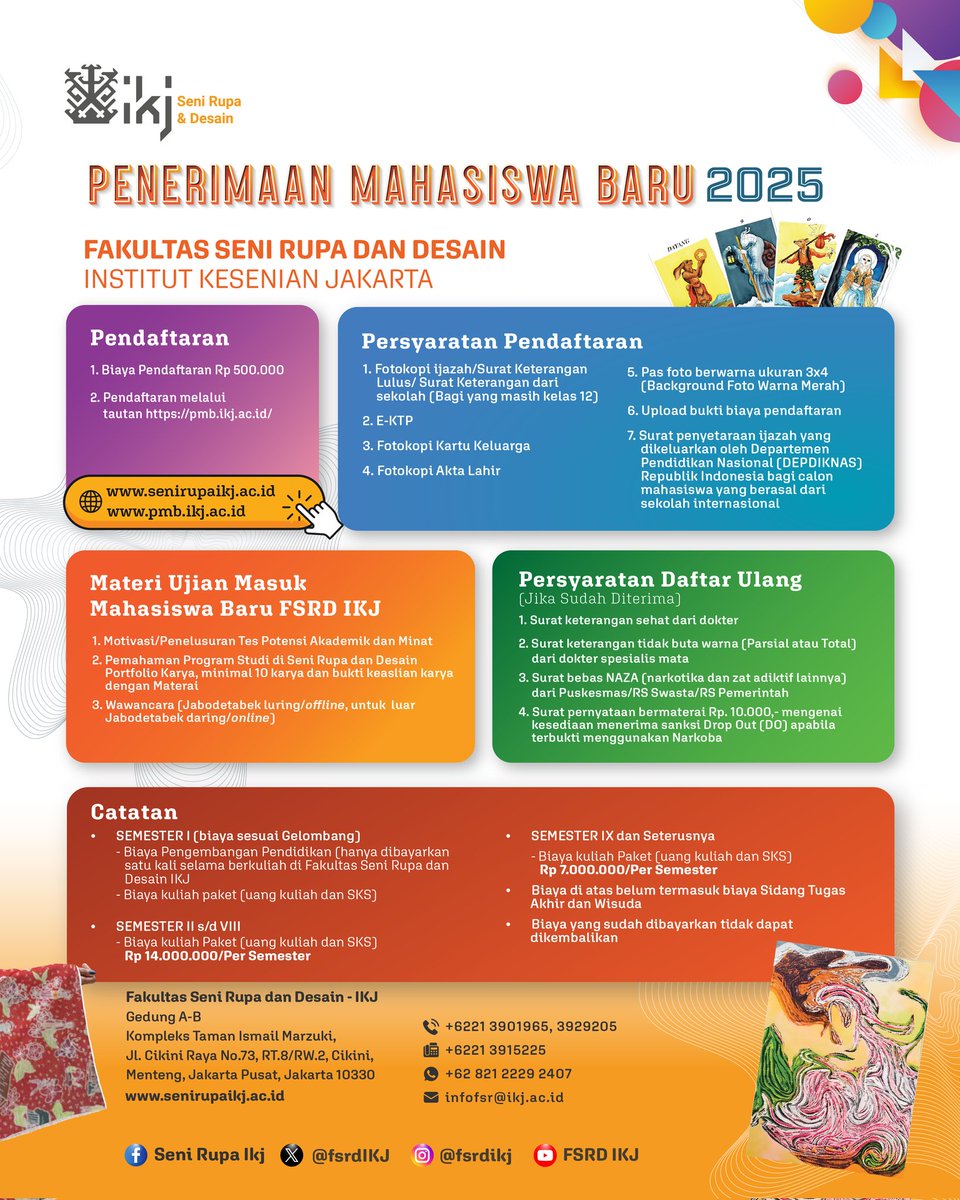 PMB IKJ udah gelombang empat nih gengsss
buruan daftar...!

Penerimaan Mahasiswa Baru Fakultas Seni Rupa dan Desain Institut Kesenian Jakarta
Tahun Akademik 2025/2026

Gelombang 4
19 Mei - 28 Juni 2025
Ujian masuk : 3 Juli 2025

Pendaftaran :
pmb.ikj.ac.id