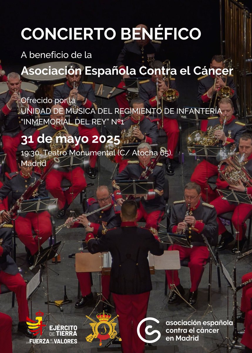 RamonReyes (@ramonreyescc) on Twitter photo La Unidad de Música "Inmemorial del Rey" de <a href="/EjercitoTierra/">Ejército de Tierra 🇪🇸</a> ofrecerá un concierto a favor de <a href="/ContraCancerMAD/">Asociación Española Contra el Cáncer en Madrid</a>
🗓️ 31 mayo 2025, 19:30h
📍 Teatro Monumental (Atocha 65)
Cada entrada es un paso➕ hacia la investigación y la atención gratuita a pacientes
bit.ly/3H4rqD8 La Unidad de Música "Inmemorial del Rey" de <a href="/EjercitoTierra/">Ejército de Tierra 🇪🇸</a> ofrecerá un concierto a favor de <a href="/ContraCancerMAD/">Asociación Española Contra el Cáncer en Madrid</a>
🗓️ 31 mayo 2025, 19:30h
📍 Teatro Monumental (Atocha 65)
Cada entrada es un paso➕ hacia la investigación y la atención gratuita a pacientes
bit.ly/3H4rqD8