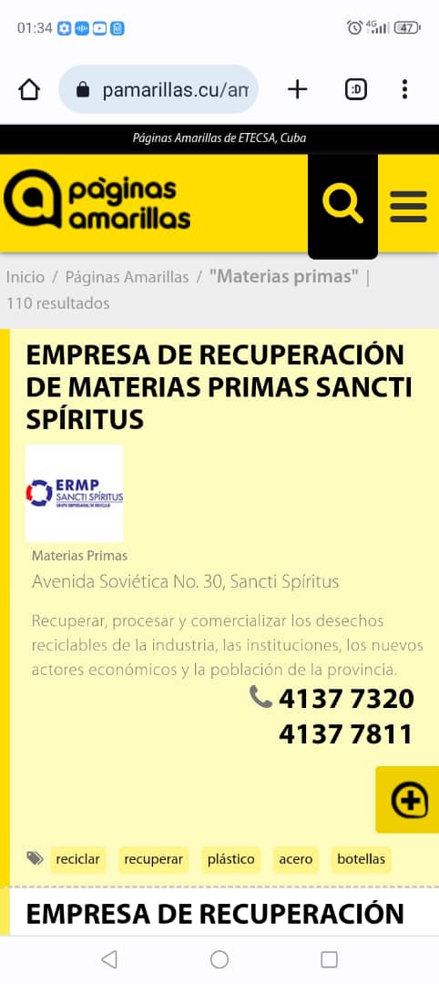 ¡La ERMPSS cuenta con su micrositio en las Páginas Amarillas! Esta es una nueva opción para que la población de Sancti Spíritus y los residentes de otras provincias del país puedan informarse sobre nuestra empresa.pamarillas.cu/amarillas/sear…
#SanctiSpíritusEnMarcha 
<a href="/comunicaERMPSS/">Comunicadora Reciclaje Sancti Spíritus</a>