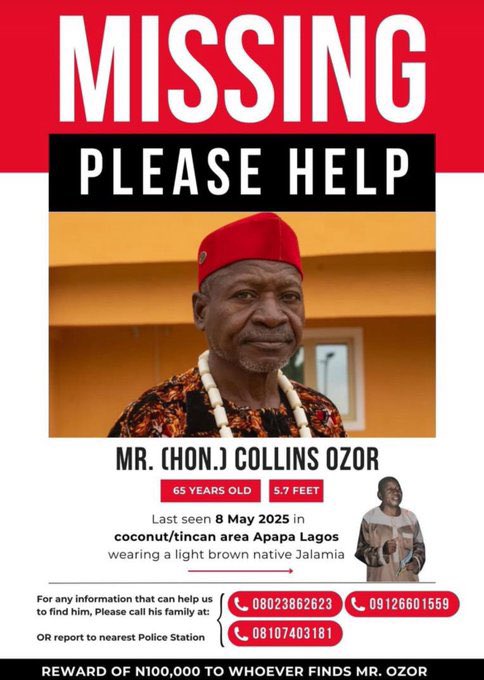 Hello Lagosians! It’s been 2 weeks since Mr Collins left his home at Ajegunle and hasn’t been found yet. 
He was last seen at Mafoluku area Oshodi. 
Pls be on the lookout for an elderly man wearing a brown jalab.