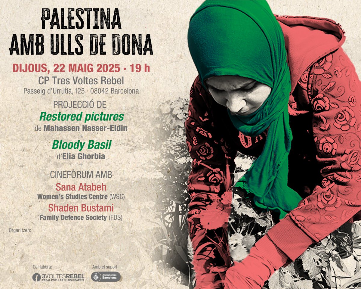 Avui a les 19h us esperem al #CP3VoltesRebel per veure cinema i parlar de Palestina des de la mirada de les dones palestines.