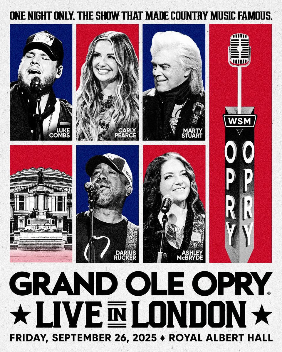 New Country UK (@newcountryuk) on Twitter photo ICYMI For the first time ever the <a href="/opry/">Grand Ole Opry</a> is coming to the UK! On 26th September Opry members <a href="/lukecombs/">Luke Combs 🎤</a>, <a href="/carlypearce/">Carly Pearce</a>, <a href="/martystuarthq/">Marty Stuart</a>, <a href="/AshleyMcBryde/">Ashley McBryde</a> & <a href="/dariusrucker/">Darius Rucker</a> will perform at the <a href="/RoyalAlbertHall/">Royal Albert Hall</a>. Tickets go on general sale tomorrow at 10am 🎟️ ICYMI For the first time ever the <a href="/opry/">Grand Ole Opry</a> is coming to the UK! On 26th September Opry members <a href="/lukecombs/">Luke Combs 🎤</a>, <a href="/carlypearce/">Carly Pearce</a>, <a href="/martystuarthq/">Marty Stuart</a>, <a href="/AshleyMcBryde/">Ashley McBryde</a> & <a href="/dariusrucker/">Darius Rucker</a> will perform at the <a href="/RoyalAlbertHall/">Royal Albert Hall</a>. Tickets go on general sale tomorrow at 10am 🎟️