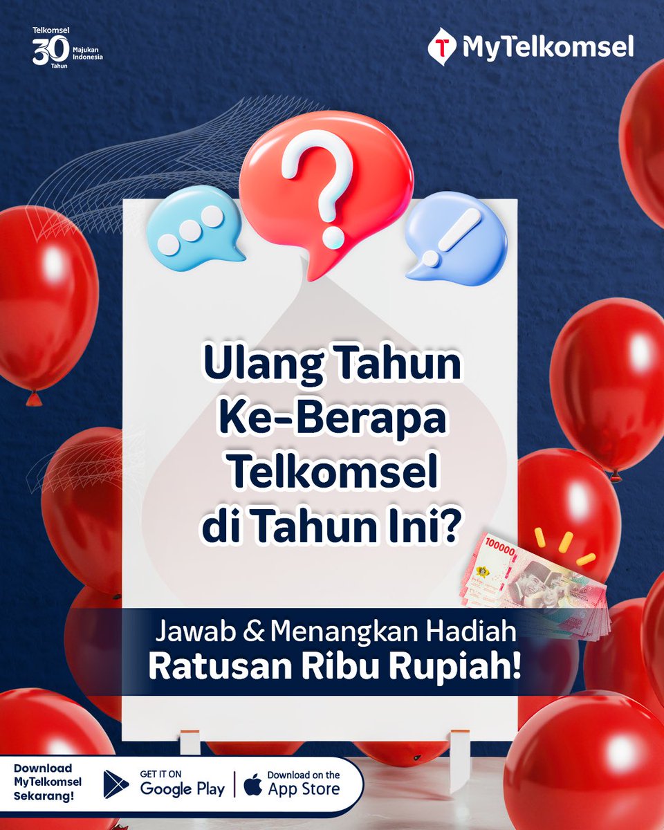 MyTelkomselApp's tweet photo. Menuju Momen Spesial 26 Mei 2025!🎉
 Kira-kira... ada apa ya di tanggal itu?

Kalau kamu bisa jawab dengan tepat, ada hadiah e-wallet buat kamu! 💸

Ikutin semua mekanisme yang ada di foto & 5 orang pemenang untuk dapetin e-wallet senilai Rp50.000 masing-masing! 🎁 

Yuk, buruan ikutan sekarang juga! 

#IniItuMakinGampang
#MajukanIndonesia #Telkomsel30Tahun
