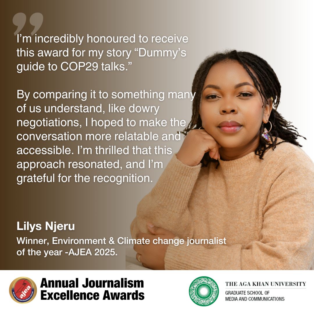 AKU Graduate School of Media and Communications (@aku_gsmc) on Twitter photo Congratulations to our alumnus <a href="/LilysNjeru/">Lilys Njeru</a> for winning the Environment, Blue Economy, and Climate Change award for your outstanding story âDummy's Guide to COP29 Talksâ!
Your impactful journalism continues to inspire and inform, and weâre proud to celebrate your achievement, Congratulations to our alumnus <a href="/LilysNjeru/">Lilys Njeru</a> for winning the Environment, Blue Economy, and Climate Change award for your outstanding story âDummy's Guide to COP29 Talksâ!
Your impactful journalism continues to inspire and inform, and weâre proud to celebrate your achievement,