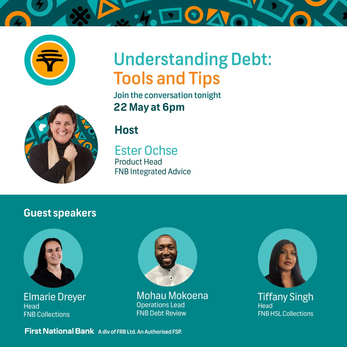 📢📢 Don't forget to set your reminders below to join the conversation tonight on #FNBSpaces as our panel of experts share tips &amp; tools for smart debt management.