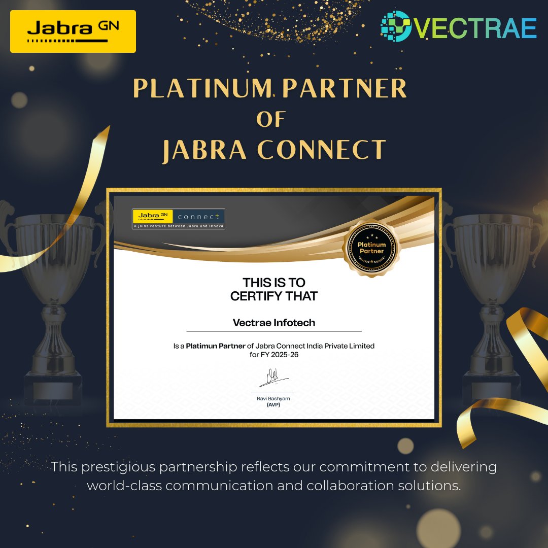 VectraeInfotech's tweet photo. We’re honored to be recognized as a Platinum Partner of Jabra Connect.

#VectraeInfotech #JabraGN #ClientSuccess #TechSolutions #PlatinumPartner #PartnershipSuccess https://t.co/urUrhHWfIe
