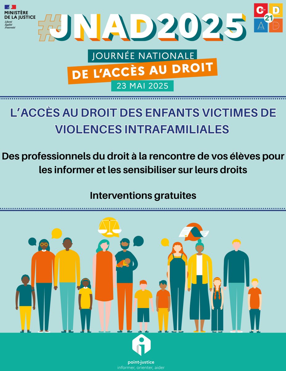 Ce 23 mai, pour la Journée nationale de l'accès au droit, le CDAD 21 et ses partenaires iront à la rencontre de plus de 1000 élèves pour les sensibiliser aux droits​ des enfants victimes de violences intrafamiliales✨