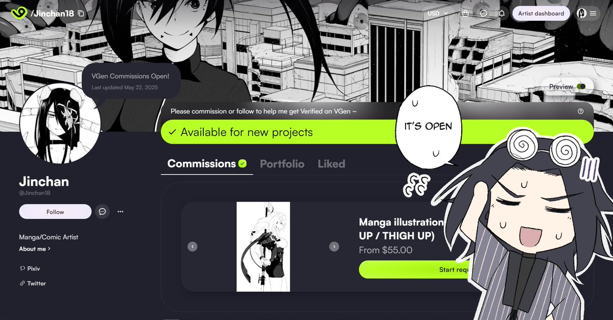 Hello! My VGen Commissions is finally open.

Manga Illustration Surprise me.

I'll only do a single slot for now to see how things would work, but I might add more commission slot and option soon!

Please, feel free to have a look!
vgen.co/Jinchan18

#VGen #VGenOpen
