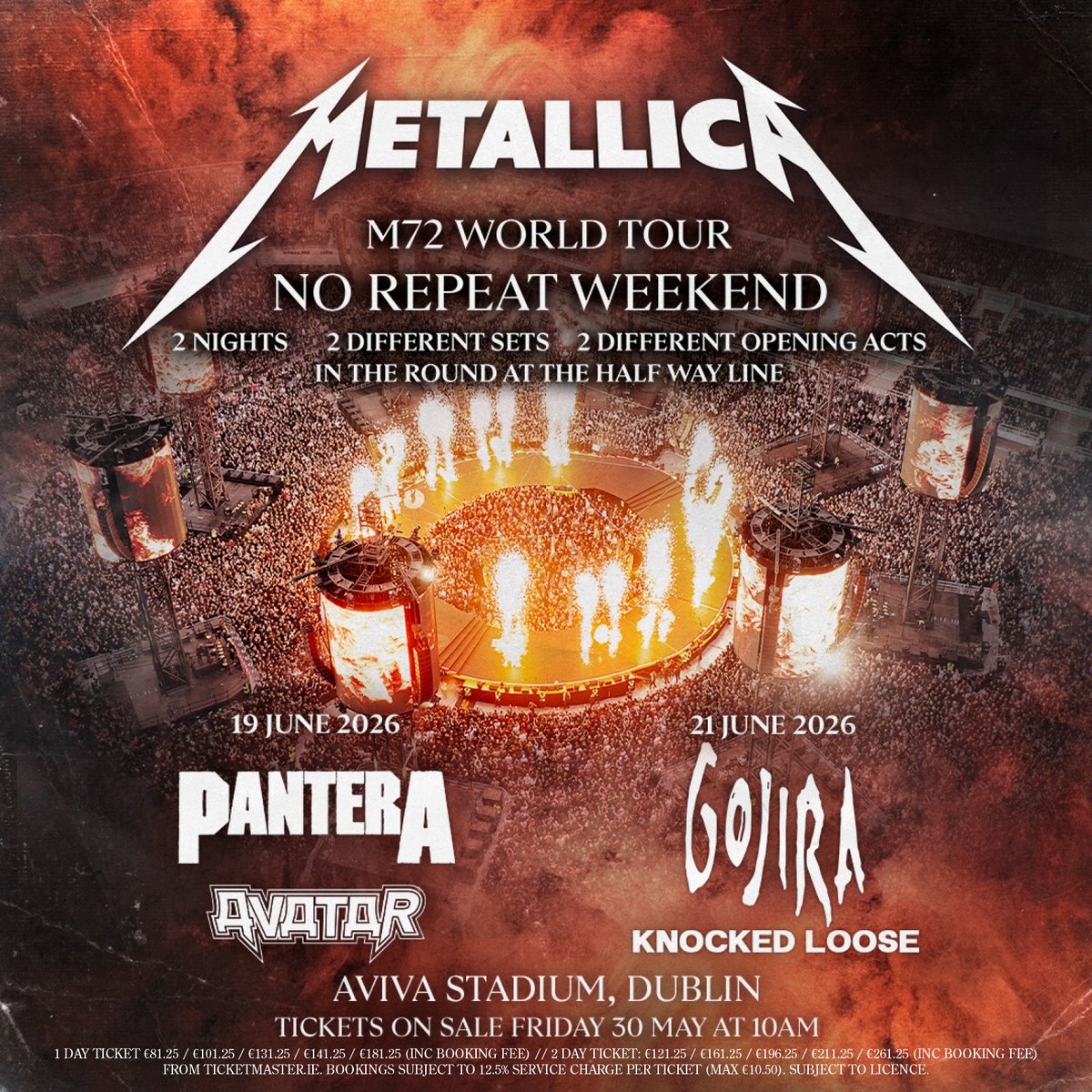 ⚡<a href="/Metallica/">Metallica</a> has confirmed that the record-breaking 'M72 World Tour' will be extended into its fourth year with the announcement of 16 new shows, including two shows at @AvivaStadium on 19 &amp; 21 June 2026, marking a return to Dublin for the first time since 2009.

🎫 Tickets are