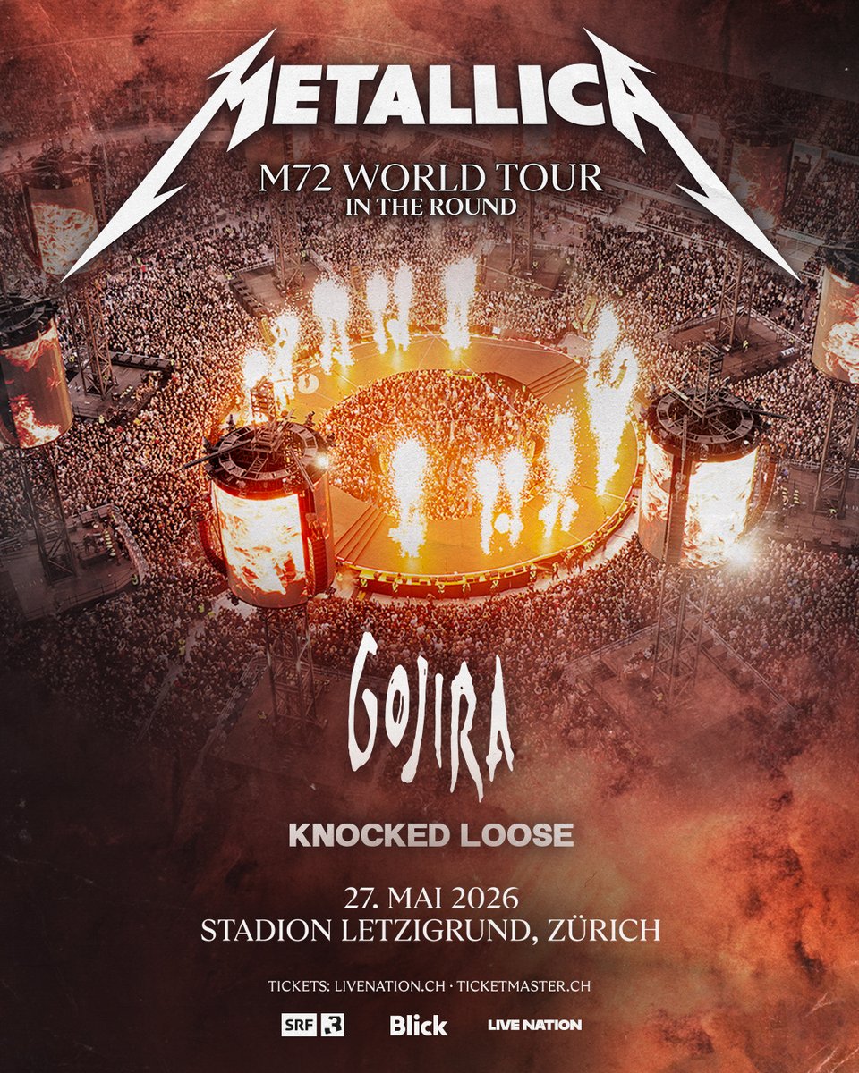 📢 Die #M72 World Tour kommt nach Zürich!
Erlebe Metallica am 27. Mai 2026 im Stadion Letzigrund. 
Der Ticketverkauf beginnt am Freitag, den 30. Mai. 
Der TICKETMASTER PRESALE beginnt am Donnerstag, 29. Mai. um 10 Uhr.

◼️ ◼️ ◼️ 

📢 Le #M72 World Tour arrive à Zurich !
Viens