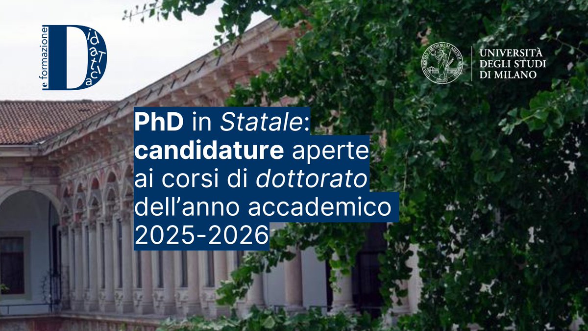 #PhDinStatale Sono aperte le candidature per i corsi dei hashtag#dottorati dell'Università degli Studi di Milano. Scopri l'offerta in tutte le aree disciplinari e consulta i bandi sul portale di Ateneo 
👉 unimi.it/it
#sceglilastatale #studiareinstatale