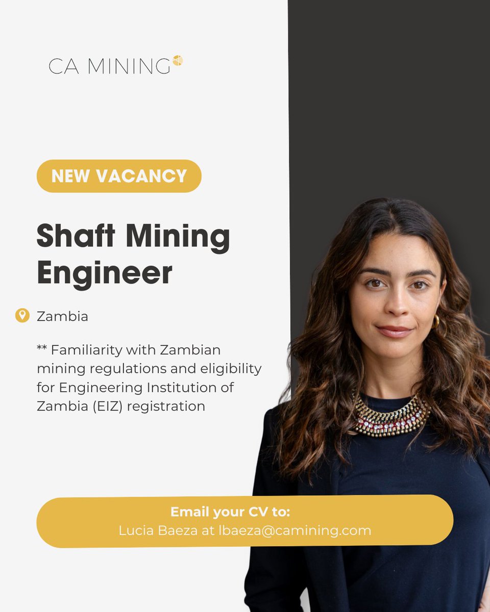 CAGlobal_Jobs's tweet image. 𝐕𝐚𝐜𝐚𝐧𝐜𝐲! Shaft Mining Engineer – Zambia

🔗mining-recruitment-jobs.com/jobs/shaft-min…

📧 Lucia Baeza at lbaeza@camining.com

#CAMiningJobs #UndergroundMining #MiningEngineering #ShaftOperations