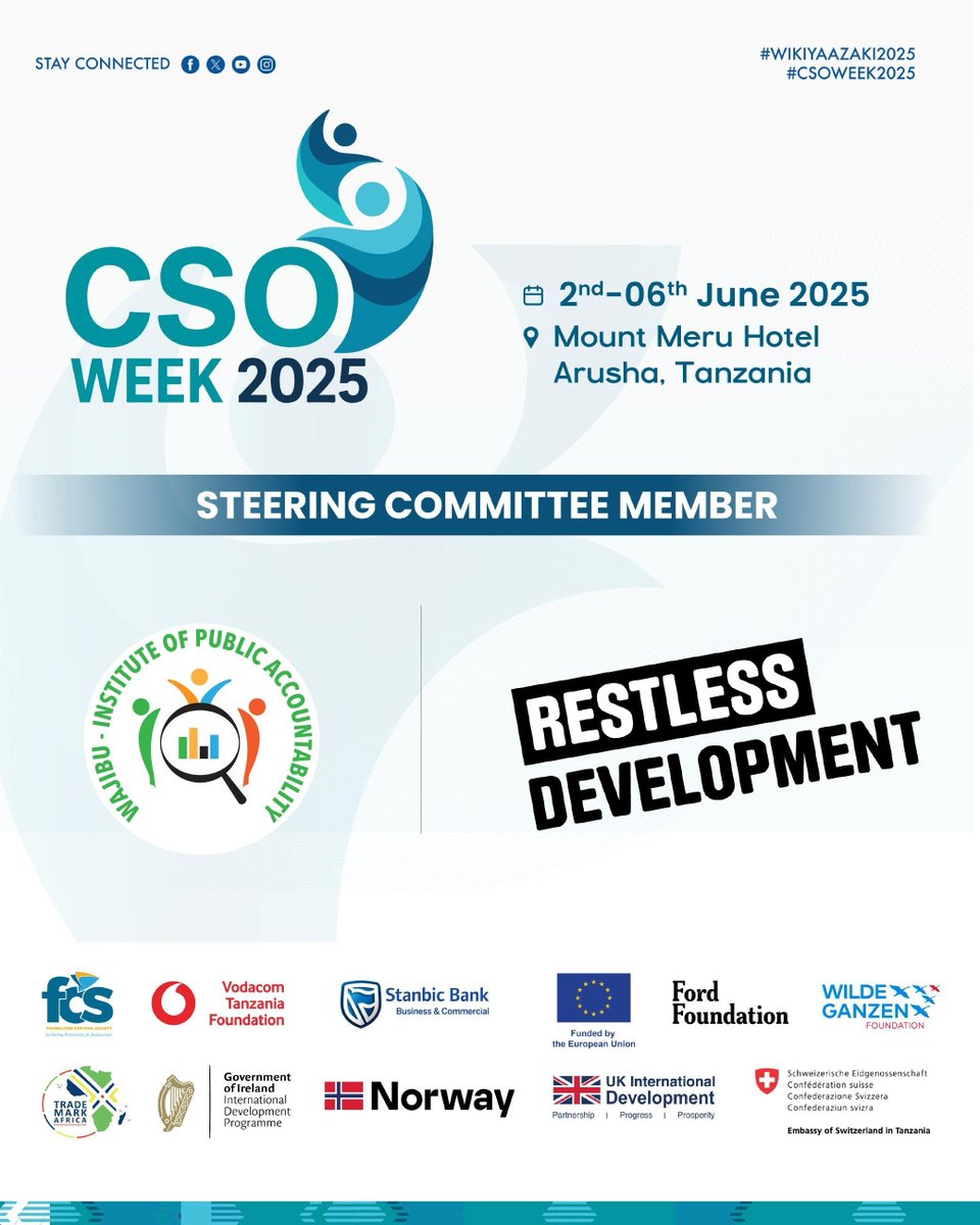 We’re proud to share that Wajibu Insitute and Restless Development are #CSOWeek2025 Steering Committee Members. 

WAJIBU - Institute of Public Accountability is a reputable think-tank institution which was established in 2015 with the purpose of fostering an environment that