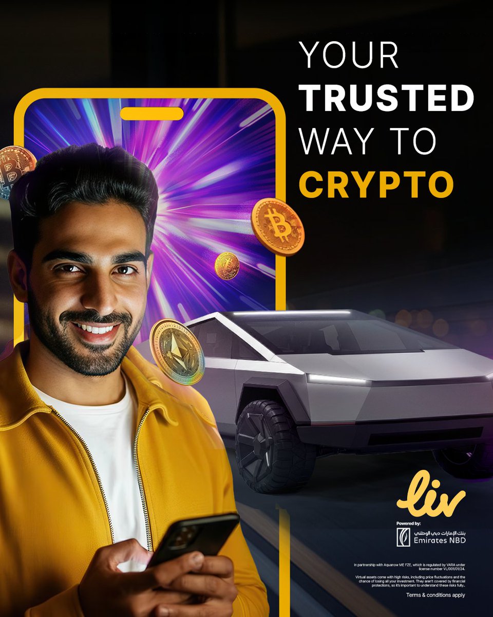 Download the Liv X app and apply for Crypto today! 
Get a chance to win a Tesla Cybertruck and monthly AED 100,000 in prizes. 
Terms and Conditions apply.

#LivX #Crypto #Trust&amp;Innovationcombined #LivDigitalBank #LivAhead #BankAhead