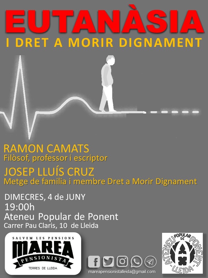 Parlarem sobre l’eutanàsia, el dret a morir dignament, últimes voluntats, testament vital...
La reflexió i la informació ens donen eines per fer front a situacions difícils però ineludibles que van lligades a un dels moments més importants de la vida com és la mort.

#Lleida