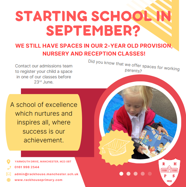 RackHousePS's tweet photo. We still have places available in our 2-Year-Old Provision, Nursery and Reception classes!
If you're looking for a warm, welcoming start to your child’s education, now’s the time to apply.
📌 See the attached poster for details on how to secure a place.
📤 Please share! https://t.co/gna7i9kHOr