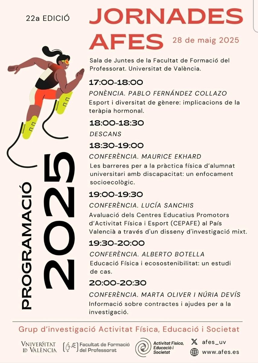 Dimecres 28 de maig es celebrarà la 22a edició de les Jornades del grup de recerca 'Activitat Física, Educació i Societat' de la Universitat de València a la Facultat de Formació del Professorat. Si esteu interessades vos esperem ;)