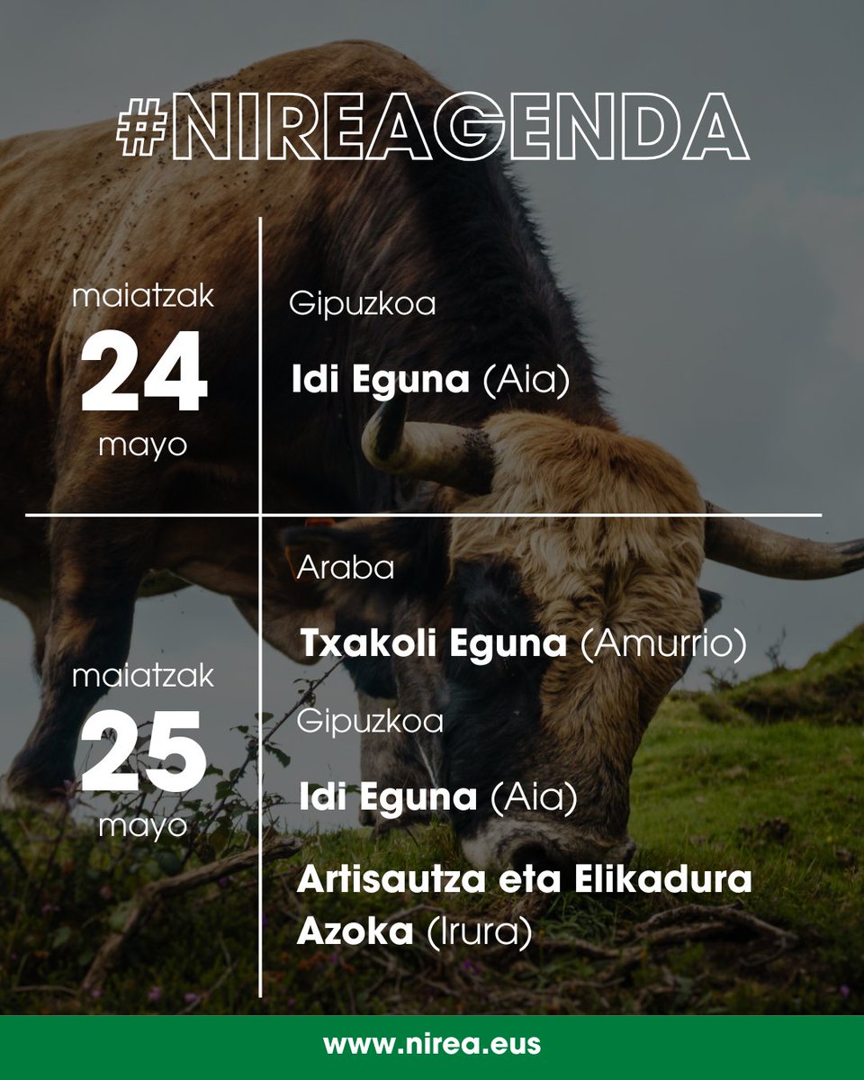 📆 𝗔𝗦𝗧𝗘𝗕𝗨𝗥𝗨𝗞𝗢 𝗔𝗚𝗘𝗡𝗗𝗔 📆

 Azokak, merkatuak eta beste hainbat aukera dituzu Nirea.eus-eko agendan.

 Hurbildu zaitez! 🌺🐄🍅🍾

🔗 Agenda osoa: nirea.eus/es/agenda-nire…

#NireAgenda #Nirea #NireaAkordioa #Azoka #Feria