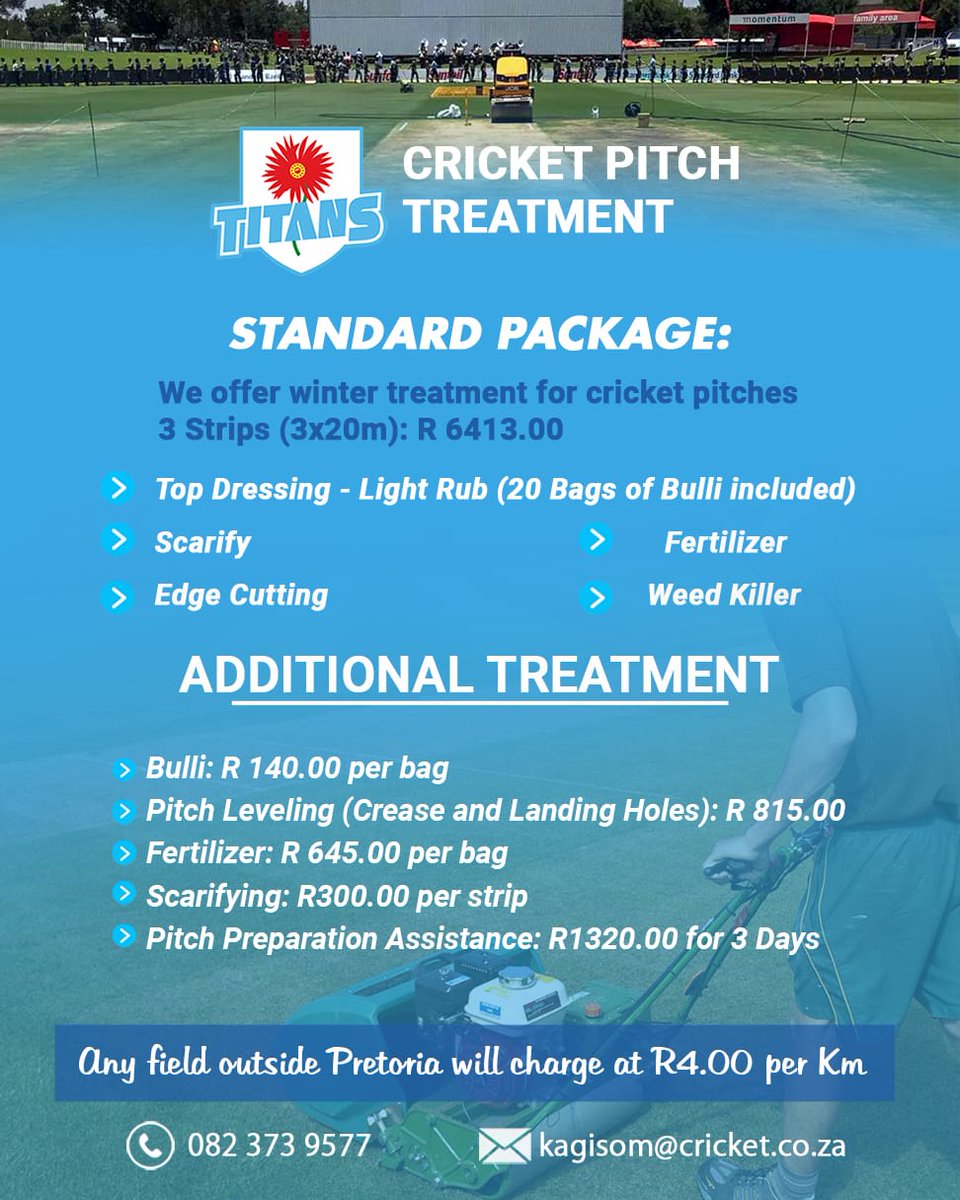 Momentum Multiply Titans (@titans_cricket) on Twitter photo Keep your cricket pitches in top shape this winter with Titans Cricket Pitch Treatment!
From top dressing to weed control, our Standard Package has it all β plus optional add-ons to meet your fieldβs unique needs. π±
Book nowβοΈ: kagisom@cricket.co.za Keep your cricket pitches in top shape this winter with Titans Cricket Pitch Treatment!
From top dressing to weed control, our Standard Package has it all β plus optional add-ons to meet your fieldβs unique needs. π±
Book nowβοΈ: kagisom@cricket.co.za
