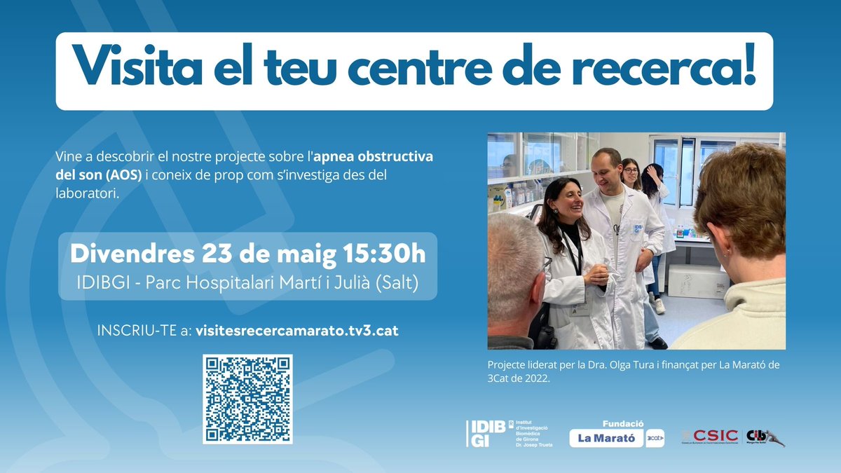 IDIBGI Institut d'Investigació Biomèdica de Girona (@idibgi) on Twitter photo Vols descobrir com la teva solidaritat amb <a href="/la_marato/">La Marató de 3Cat</a> es transforma en recerca? 💡
Demà a les 15:30 h obrim les portes de l'IDIBGI! Vine a conèixer l’equip que investiga l’apnea del son i les malalties cardiovasculars ❤️
Queden algunes places! 👉 visitesrecercamarato.tv3.cat/ca/93-web-indi… Vols descobrir com la teva solidaritat amb <a href="/la_marato/">La Marató de 3Cat</a> es transforma en recerca? 💡
Demà a les 15:30 h obrim les portes de l'IDIBGI! Vine a conèixer l’equip que investiga l’apnea del son i les malalties cardiovasculars ❤️
Queden algunes places! 👉 visitesrecercamarato.tv3.cat/ca/93-web-indi…