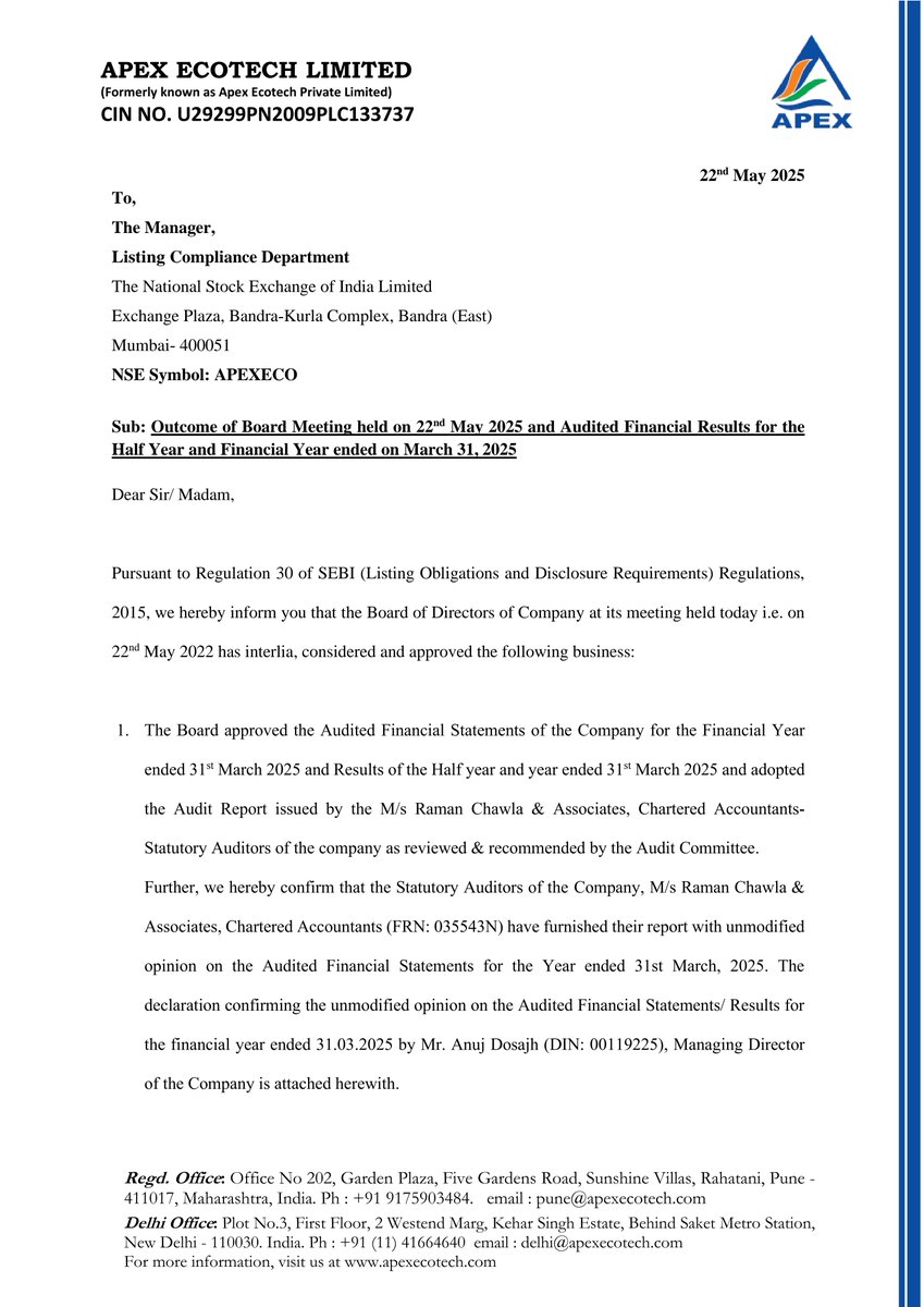 nileshkurhade's tweet photo. 📌 Apex Ecotech Limited informed the exchange about its approval for the financial results for the period ended March 31, 2025. #SME #APEXECO 📄🧾 https://t.co/TxwVDhioWZ