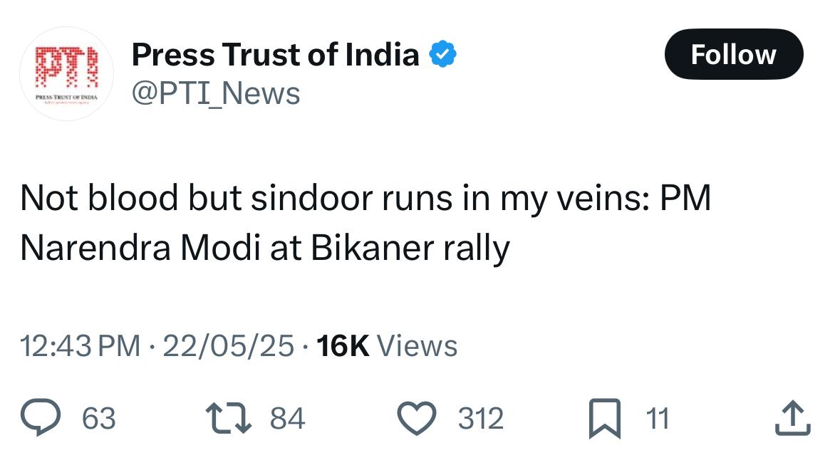 INCKerala's tweet photo. Health hazard warning: Running on Sindoor may cause side effects like chest-thumping and fact distortion. 

The non-biological marvel! https://t.co/rz724kOQn2