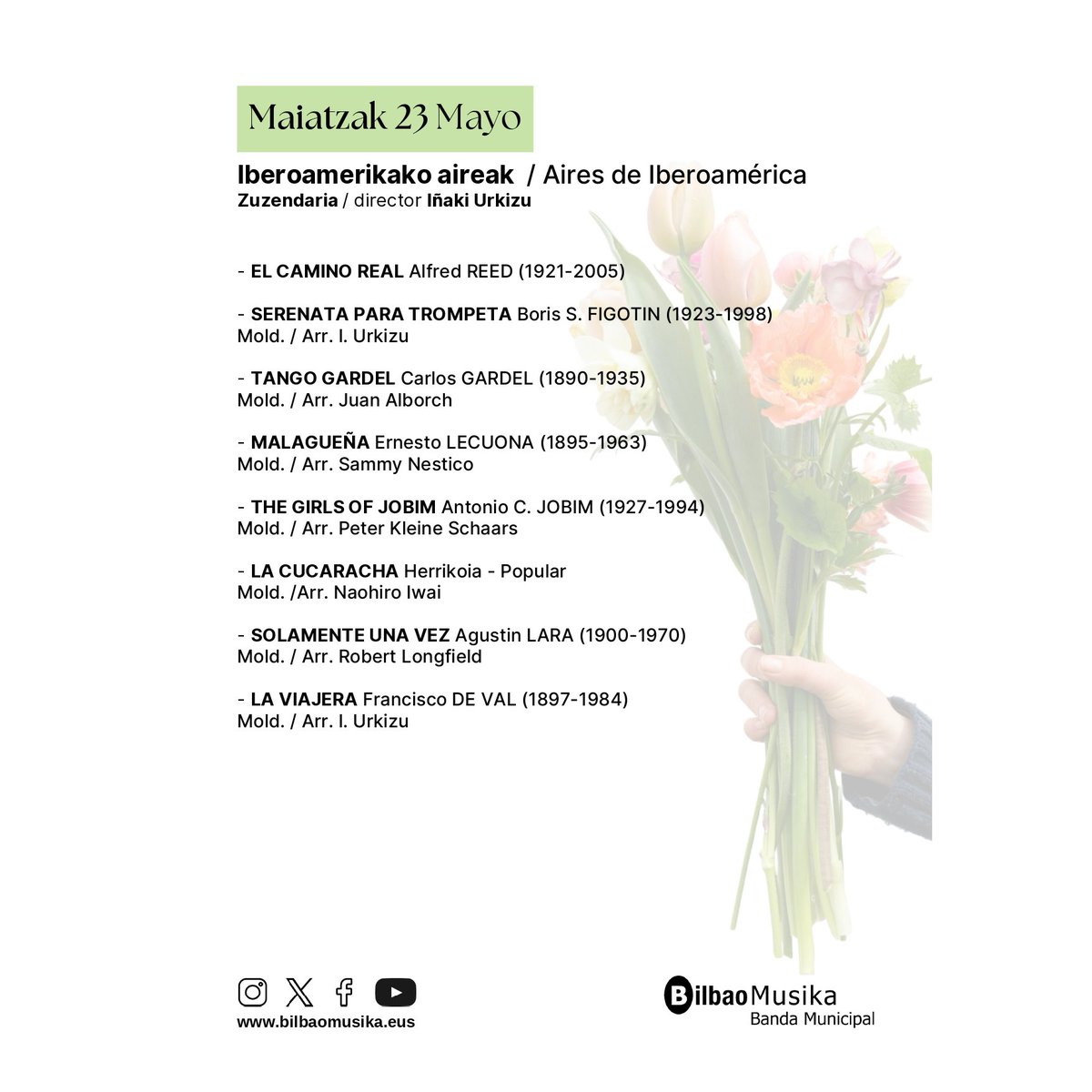 🎼🪇 Iberoamerikako Aireak Areatzako Kioskoan #BilbokoUdalMusikaBanda-ren eskutik, ostiral honetan, maiatzaren 23an, 19:00etatik aurrera. Iñaki Urkizu izango da taldea gidatzen.

ℹ️ Albistea 👉 labur.eus/abdny6uc

#BilbaoMusika