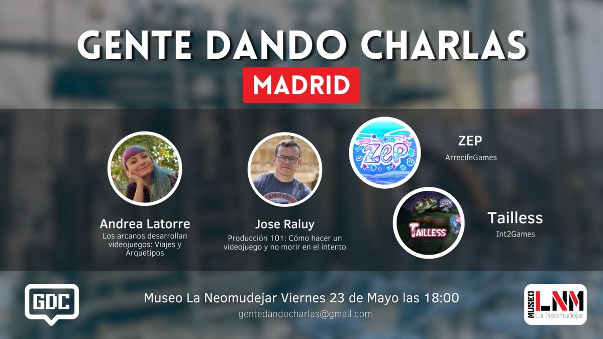 Gente Dando Charlas (@gdc_charlas) on Twitter photo ¡NOS VEMOS MAÑANA EN GENTE DANDO CHARLAS MADRID!
📅 Viernes 23 de Mayo a las 18:00
📍<a href="/LaNeomudejar/">La Neomudéjar</a> (Madrid)
¡Os esperamos!
#indiedev #videojuegos #gamedev ¡NOS VEMOS MAÑANA EN GENTE DANDO CHARLAS MADRID!
📅 Viernes 23 de Mayo a las 18:00
📍<a href="/LaNeomudejar/">La Neomudéjar</a> (Madrid)
¡Os esperamos!
#indiedev #videojuegos #gamedev