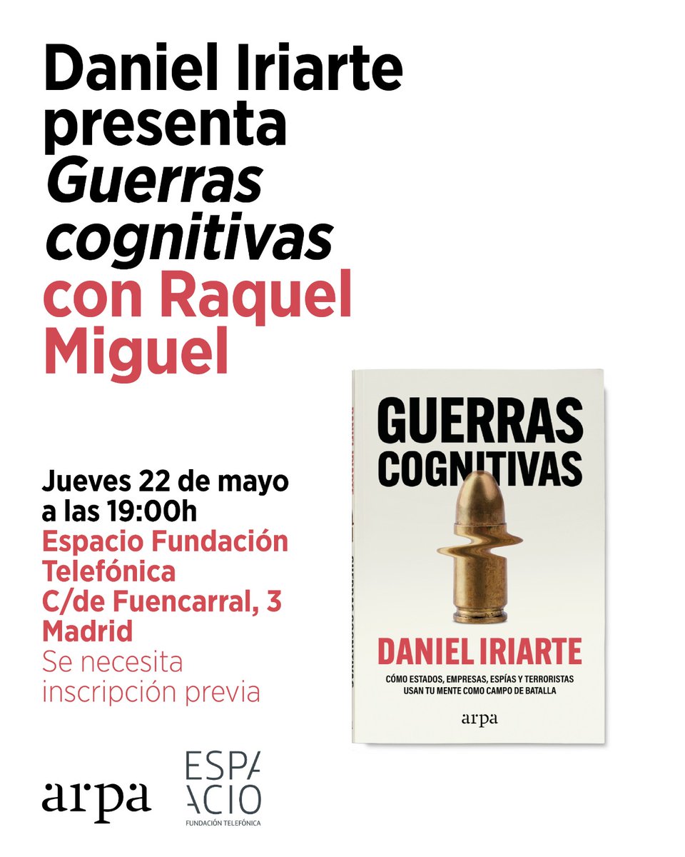 Esta tarde a las 19h <a href="/RaquelMiguel6/">Raquel Miguel</a> y yo estaremos en el <a href="/EspacioFTef/">Espacio Fundación Telefónica</a> de Fundación Telefónica presentando mi libro 'Guerras Cognitivas. Cómo estados, empresas, espías y terroristas usan tu mente como campo de batalla'.

¡Os esperamos!