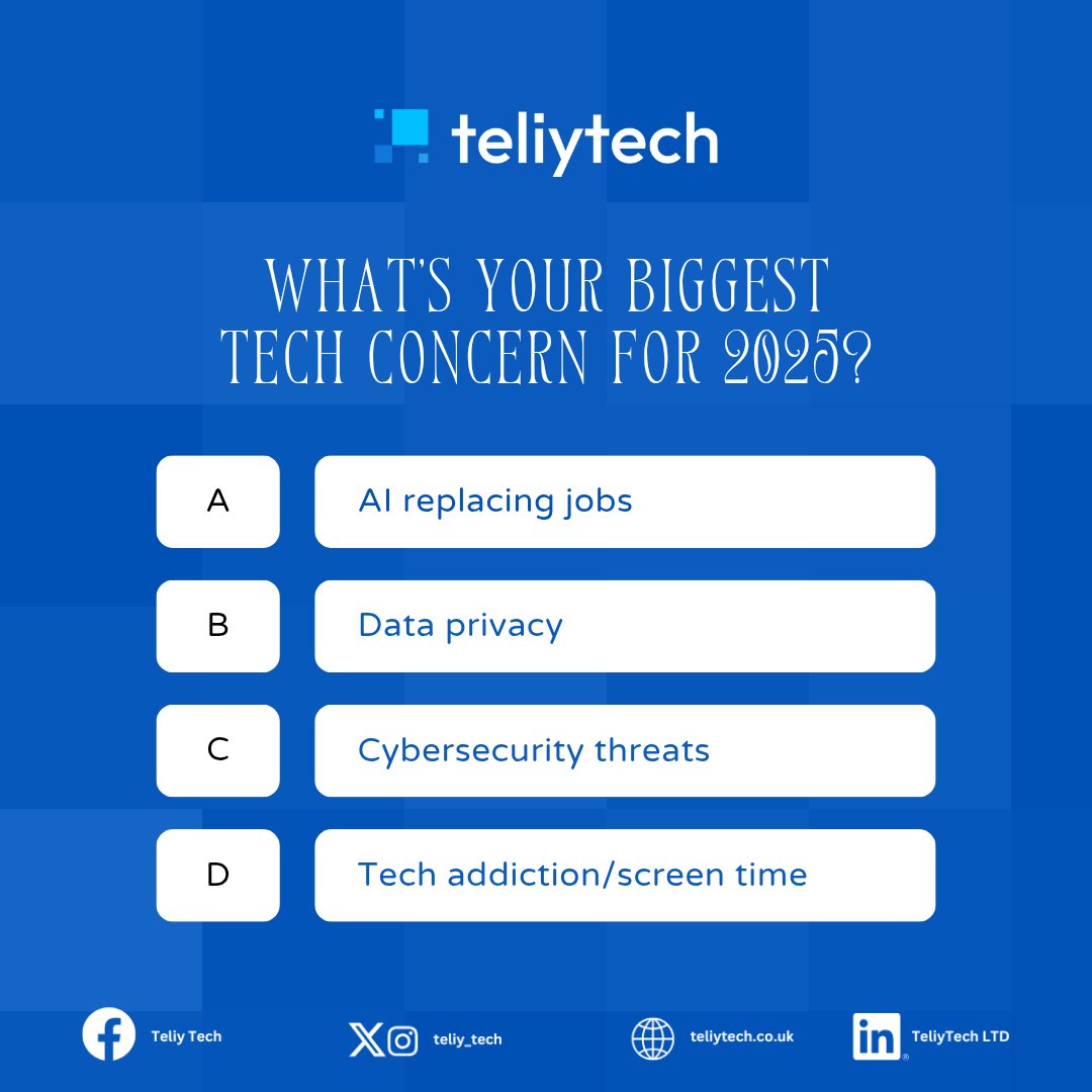 teliytech's tweet photo. The big question for 2025: What's YOUR biggest tech worry? 🤔

Comment below with your choice:
🤖 A - AI taking over jobs?
🔒 B - Your data being misused?
⚠️ C - Cyber attacks getting worse?
📱 D - Too much screen time?

What concerns you most? Let's discuss! 👇

 #TeliyTech https://t.co/YwjWBw8zcR