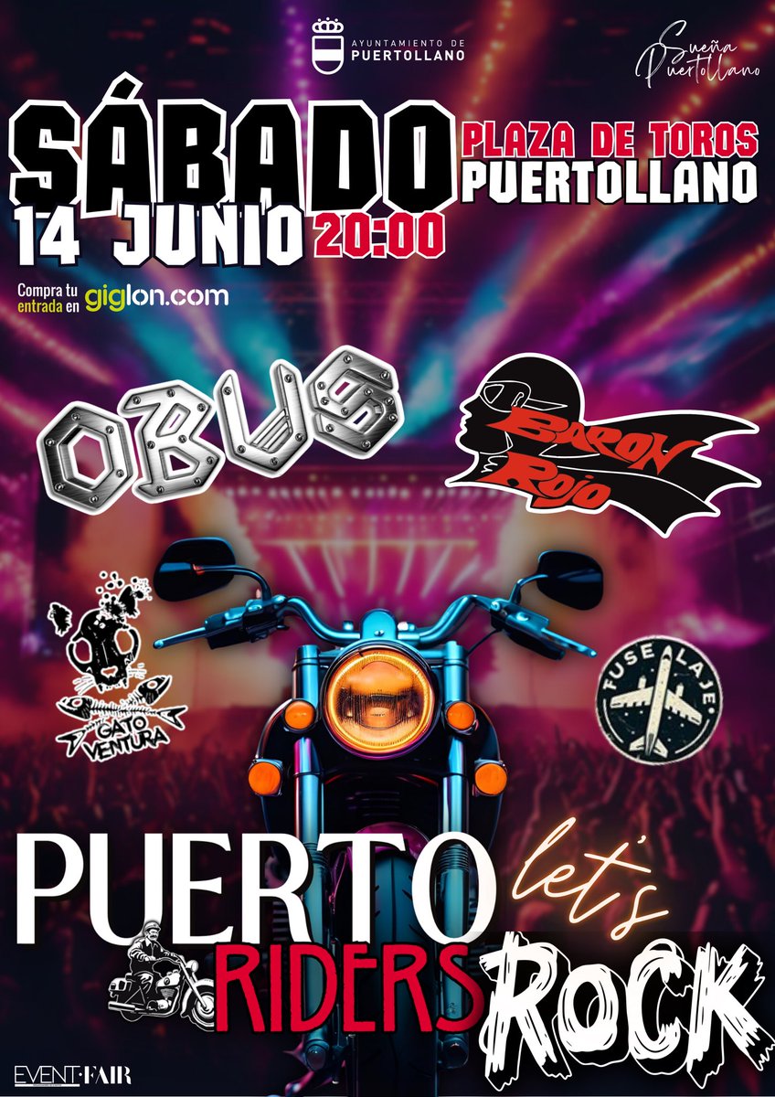 aytopuertollano's tweet photo. 🎸 El 14 de junio a las 20:00h, la Plaza de Toros de Puertollano retumba con Barón Rojo, Obús, Gato Ventura y Fuselaje. 

Más de 5h de puro rock por solo 10€ dentro de #PuertoRiders 🏍️🔥

🎟️ Entradas en taquilla y https://t.co/pxjiGkKBaB https://t.co/CzdC0prf53