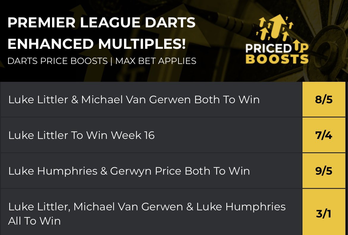 PRICE BOOSTS ON TONIGHT’S PREMIER LEAGUE DARTS! 🤩🎯

pricedup.bet 18+ GambleAware